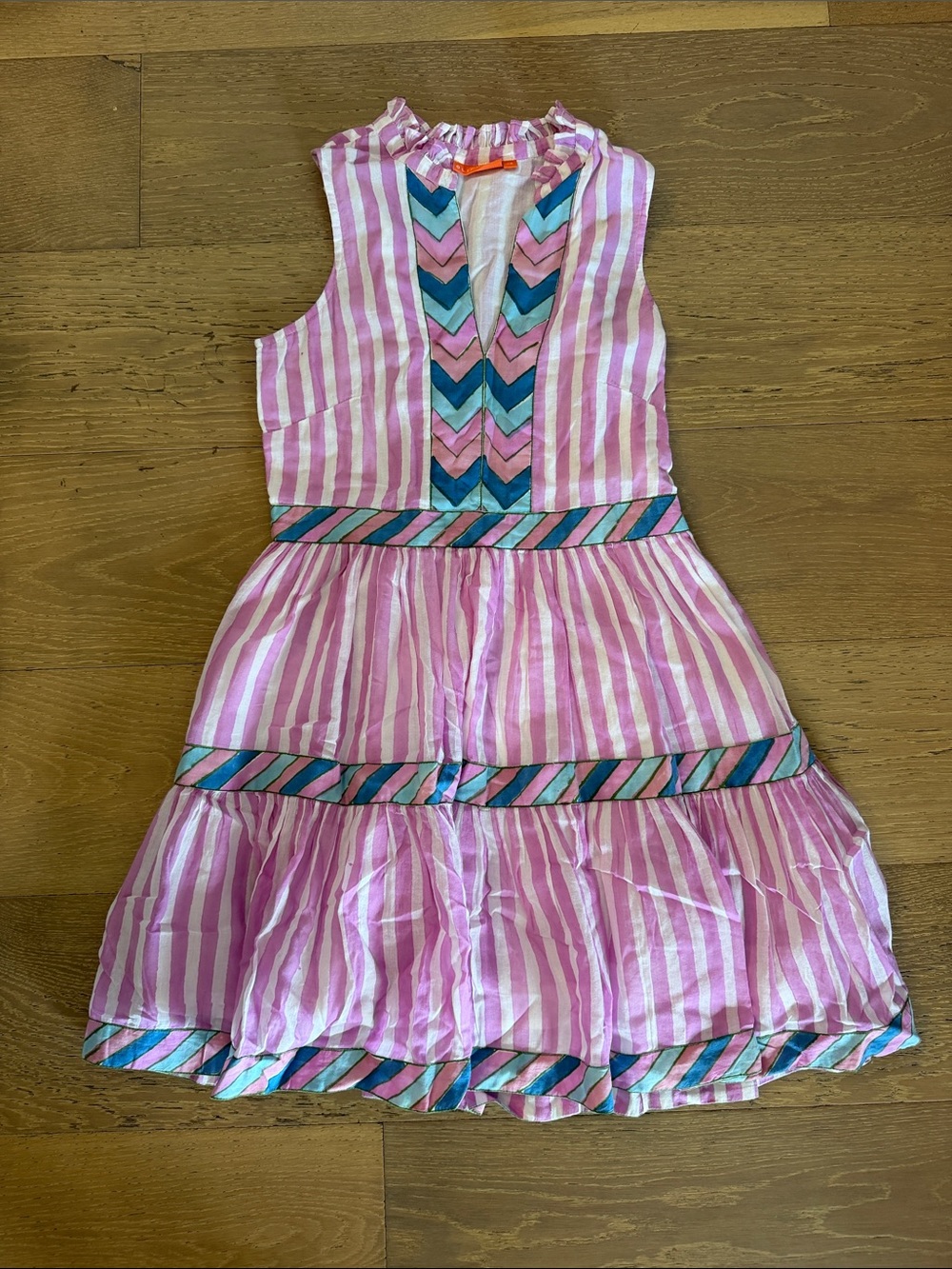Oliphant Pink Striped Sleeveless Dress with Blue Chevron Trim